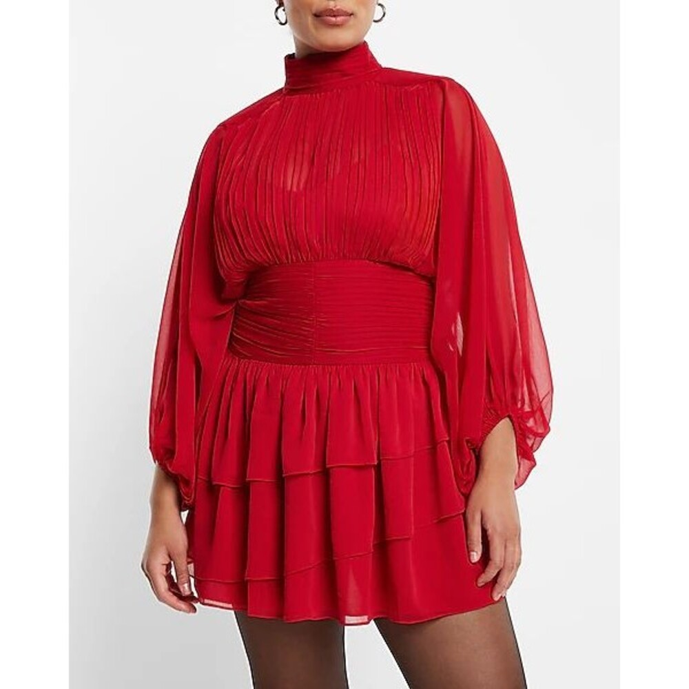 Express Red Pleated Long Sleeve Mini Dress